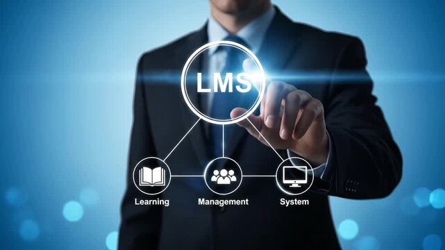 Businessman pointing to a digital diagram of LMS Learning Management System