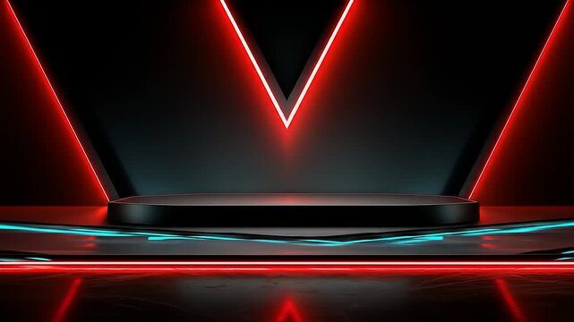 Futuristic, geometric stage design with vibrant neon red and teal lights, dark backdrop