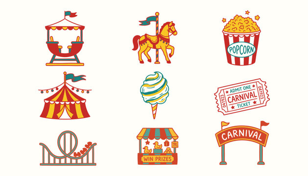 Amusement park and carnival icon set for event branding and fun festival graphics