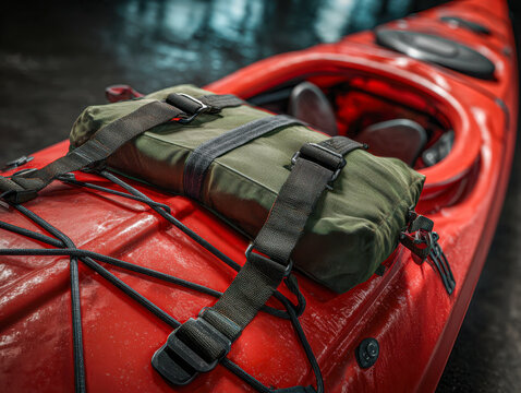 Red recreational kayak with an olive green waterproof bag securely fastened by black straps on calm water, ready for outdoor adventure and water exploration