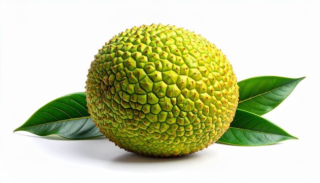 A close-up shot of a whole, ripe jackfruit with fresh green leaves on a white background, highlighting its textured surface and vibrant color