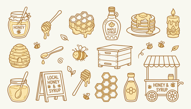 Honey and maple syrup organic farm product line art icons for local market branding
