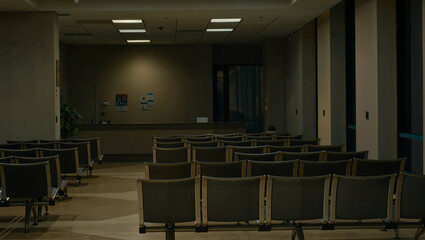 Fototapeta premium Empty Waiting Room with Rows of Chairs in Dimly Lit Office Lobby