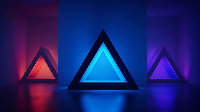 Geometric triangles glowing with red, blue, and purple light in a dark, minimalist room