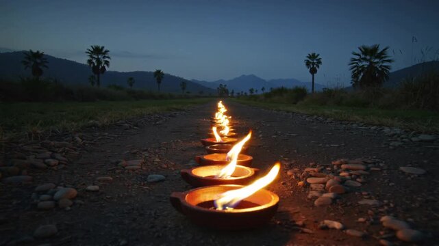 Diwali diyas with dancing flames on a rocky ground at dusk with palm trees and mountains in background