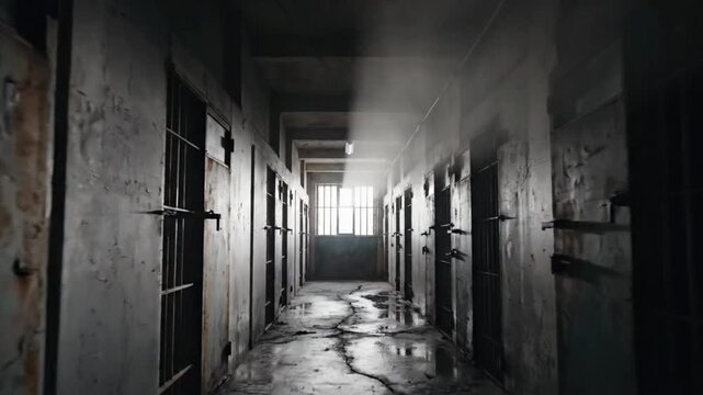 Dark prison corridor with locked cells and dim lighting showing signs of age and neglect during the day
