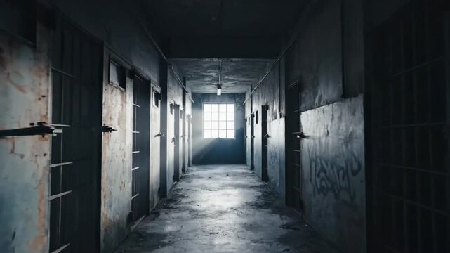 Lights shine through a dark prison corridor with visible cell doors and worn walls in a deserted building