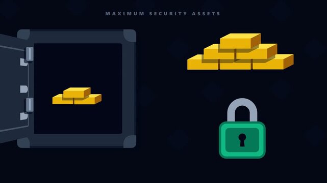 Vector Animation of a Bank Vault Safe with Gold Bullion Bars and Security Padlock for Financial Wealth and Asset Protection