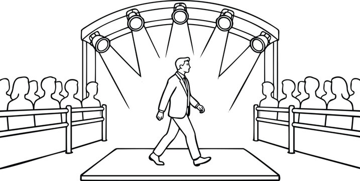 Man in Suit Walking on Stage Under Spotlights with Audience Vector Illustration for Business Presentation and Success Concept