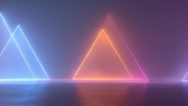 Neon triangles glowing with multicolored lights on a dark background, reflected below