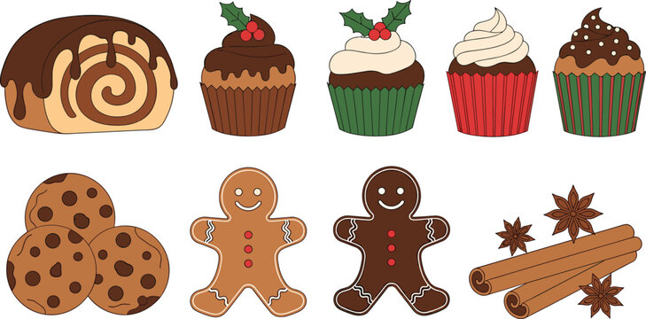 Christmas bakery dessert icon set with gingerbread cookies, cupcakes, cinnamon rolls, chocolate treats and festive holiday sweets isolated background