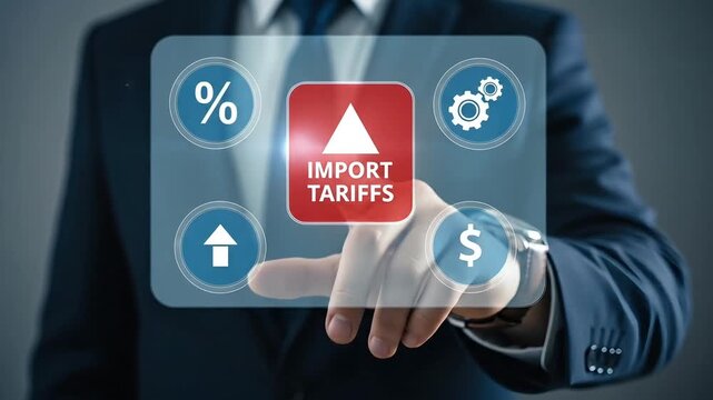 Businessman touching a digital screen displaying import tariffs with percentage and dollar