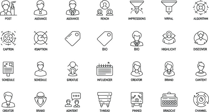Professional black line icon set for content creators featuring audience reach viral marketing influencer branding schedule management and digital profile engagement symbols