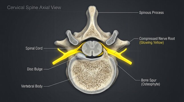 Cervical spine axial view showing spinal cord disc bulge bone spur and compressed nerve root