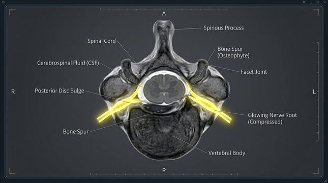 Medical illustration of a human vertebra showing a spinal cord cerebrospinal fluid and compressed nerve roots