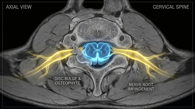Axial view of cervical spine showing nerve root impingement due to disc bulge and osteophyte