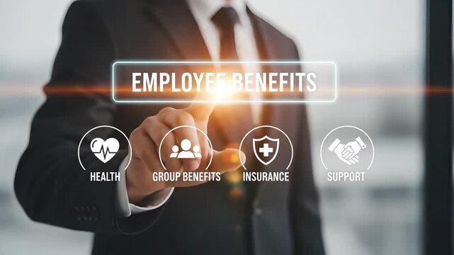 Executive selecting employee benefits options on a digital screen including health insurance and support