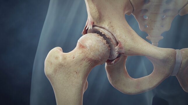 Detailed 3D rendering of a human hip joint showing bone structure and ligaments