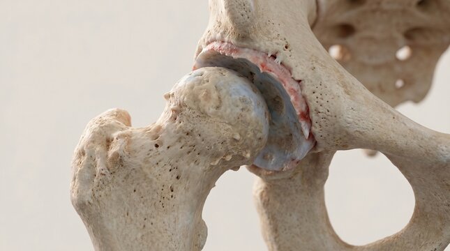 Detailed view of human hip joint bone structure with femur head in acetabulum