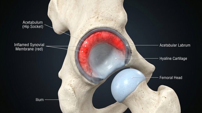 Anatomical illustration of hip joint showing inflamed synovial membrane acetabulum femoral head and ilium
