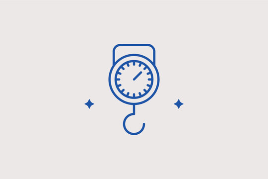 Mechanical hanging scale line icon for fish markets and outdoor produce weighing. Practical vector illustration for gardening equipment and traditional market brochures.
