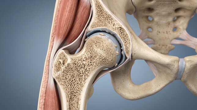 Detailed anatomical 3D render of the human hip joint with muscles and ligaments