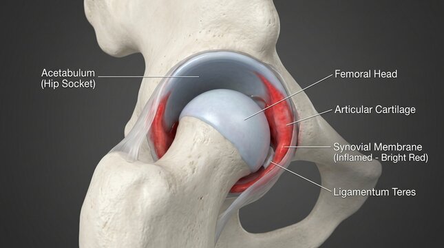 Anatomical illustration showing a human hip joint with labels for acetabulum femoral head and inflamed synovial membrane
