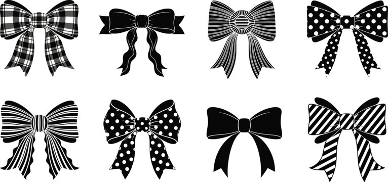 Collection of decorative bow icons with various ribbon styles patterns and shapes elegant flat vector set for gift wrapping fashion design and festive elements