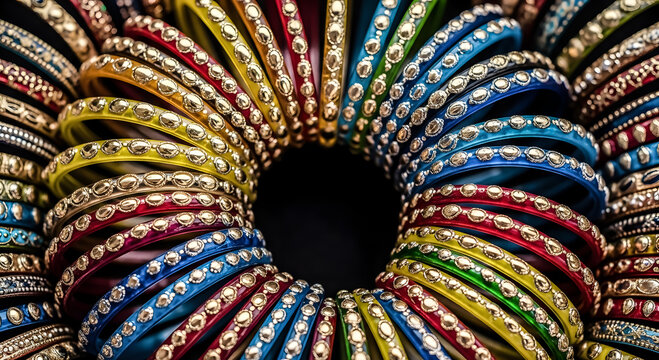 A close-up view of numerous colorful glass bangles arranged in a circular pattern, shimmering with intricate details.