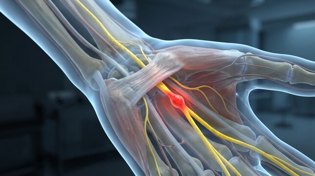 Close up anatomical 3D render of human hand nerves showing inflammation and pressure
