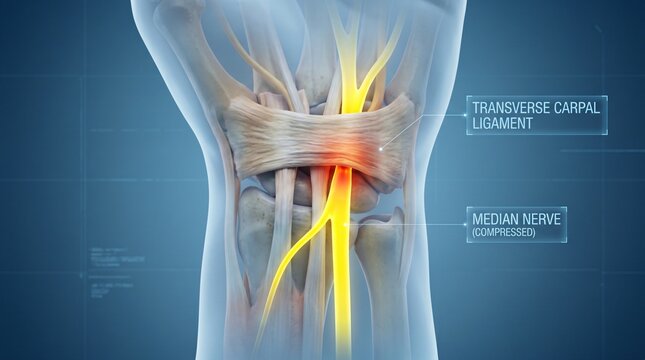 Medical illustration of compressed median nerve within transverse carpal ligament in wrist