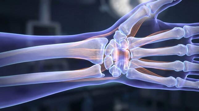 3D render of human wrist bones and tendons highlighting anatomical detail