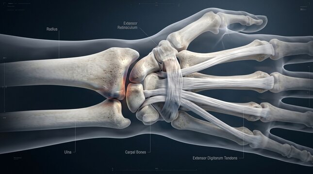 Detailed 3D anatomical illustration of human wrist bones tendons and ligaments