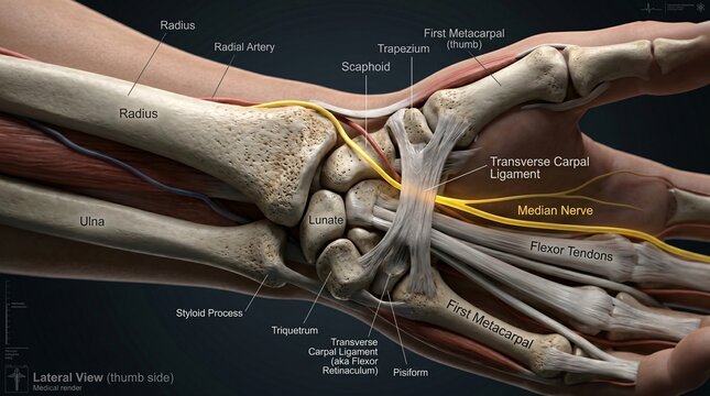 Detailed medical illustration showing the lateral view of human wrist anatomy nerves and tendons