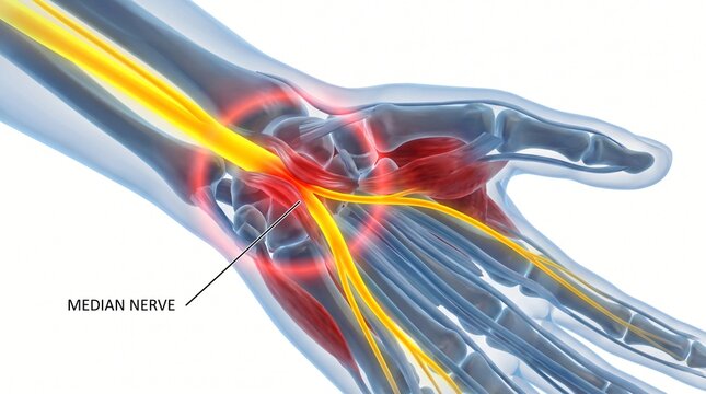 Anatomical illustration of the median nerve pathway through the human wrist and hand