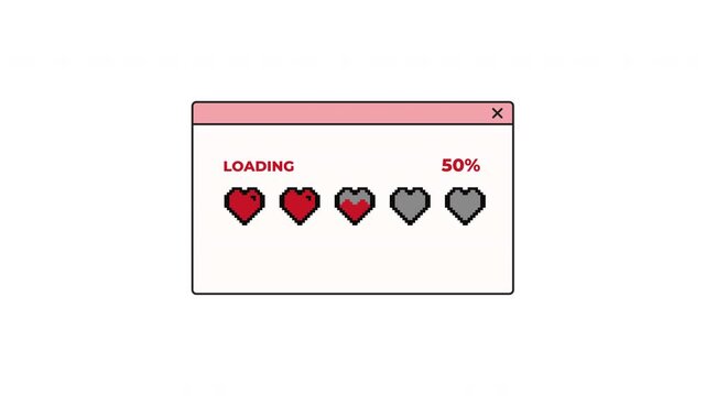 loading window retro 8 bit with pixel  heart symbol. 4k video alpha channel