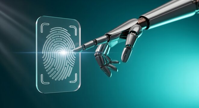 Robotic hand touching a futuristic digital fingerprint identification interface on a teal background
