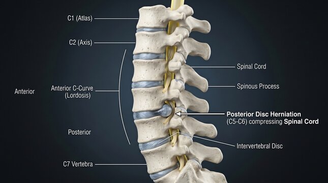 Anatomical illustration of human lumbar spine with posterior disc herniation compressing spinal cord