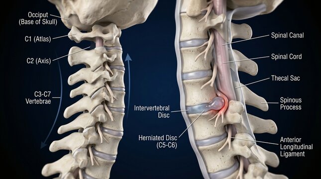 Detailed 3D illustration of the human cervical spine showing a herniated intervertebral disc at C5 C6