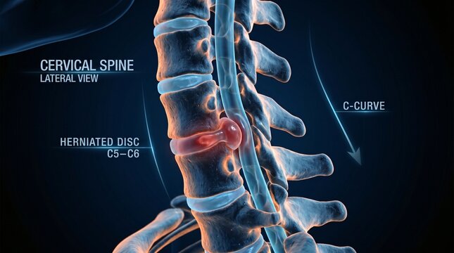 Medical illustration of a human cervical spine with a C5 C6 herniated disc and C curve indicated
