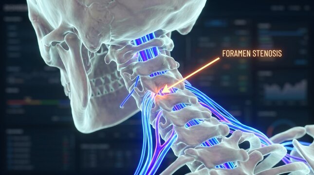 3D medical visualization of human cervical spine showing foramen stenosis with neural pathways