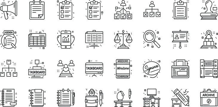 Professional black line icon set for human resources featuring organizational charts recruitment process office administration taskboard management and corporate workflow symbols