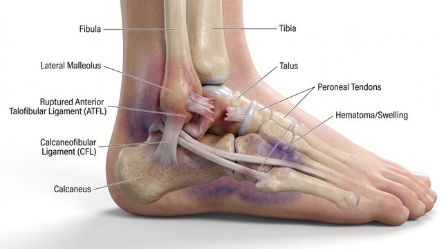 Detailed anatomical illustration of a ruptured anterior talofibular ligament and hematoma in a human ankle