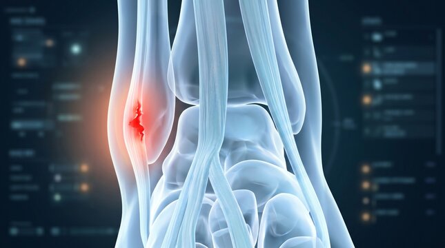 Medical illustration of a human ankle joint with a visible injury anatomy