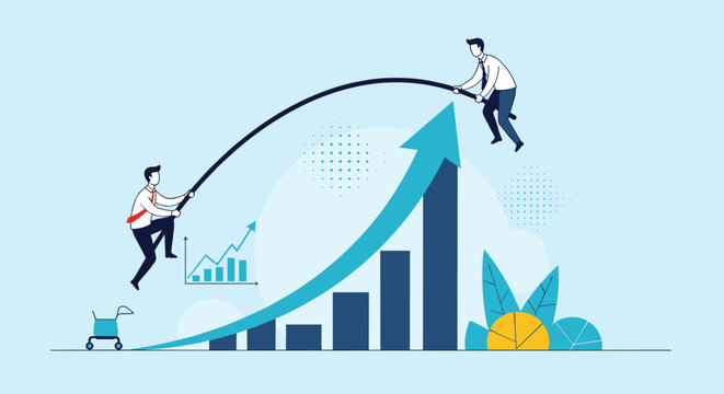 Two business professionals using a flexible pole to vault over a rising business growth chart toward even higher success.