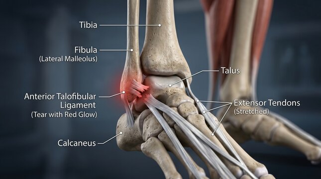 Anatomical illustration of a human ankle with labeled bones ligaments and tendons showing a tear with red glow