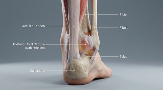 Anatomical illustration of the human ankle joint showing bones tendons and joint capsule with effusion