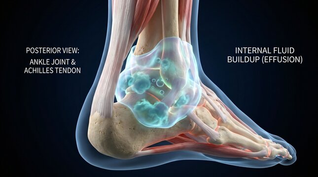 Posterior view of ankle joint and Achilles tendon showing internal fluid buildup