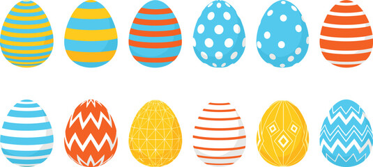 Colorful Easter egg pattern collection with stripes, dots and zigzag ornaments, decorative spring holiday vector set for festive designs, greeting cards, and seasonal backgrounds © Lipon