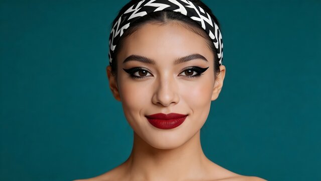 Woman with bold makeup and patterned headband